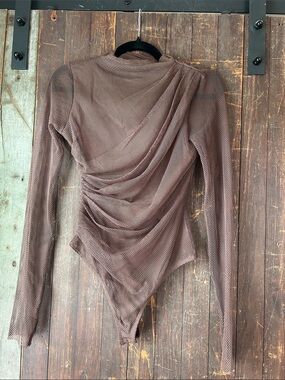 Free People Ruched Long-Sleeve Mesh Bodysuit in Cocoa Brown